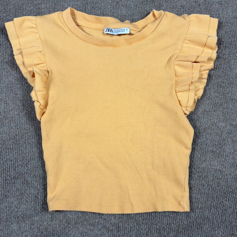 Zara Women Yellow Ribbed Ruffle Cap Sleeve Knit Top Small